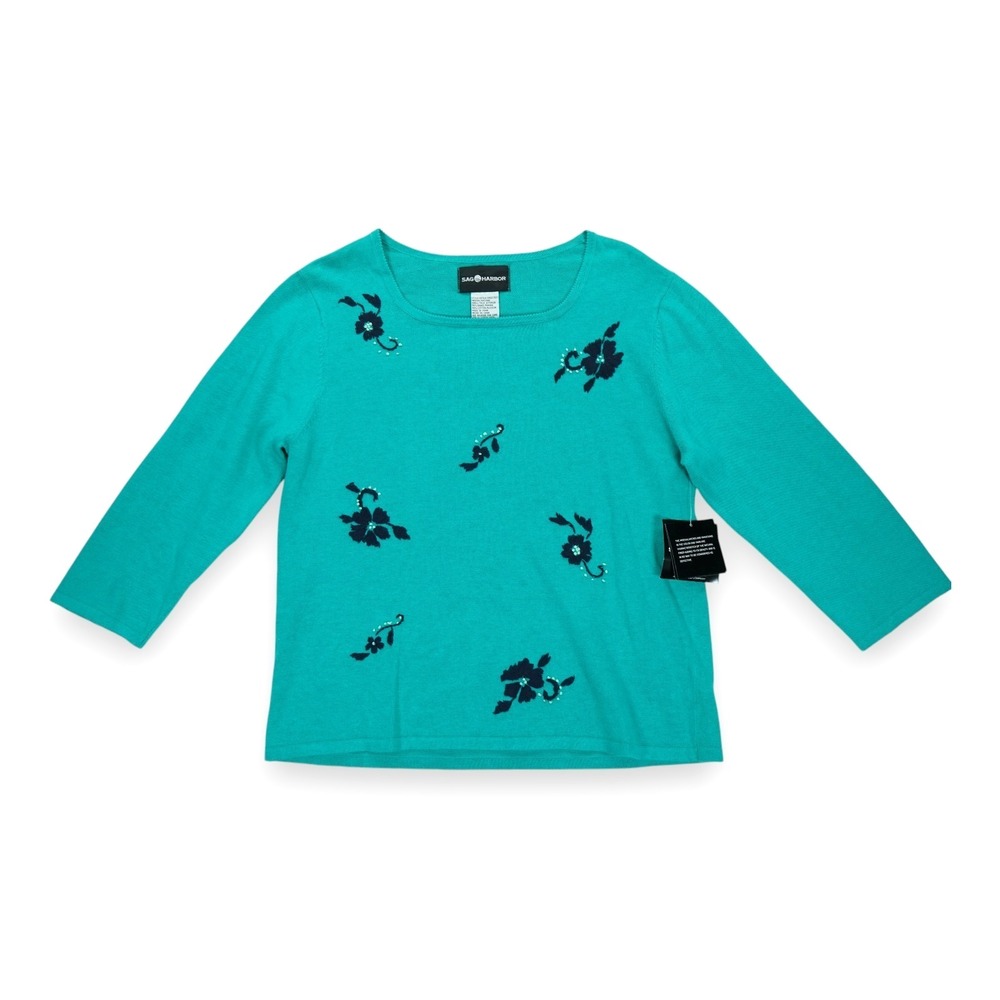 NWT Sag Harbor Floral‎ Embroidered Sweater Womens 3/4 Sleeve Size Medium Green